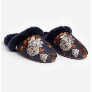 NEW Johnny Was Women Jacquard Slipper Navy Satin Floral Pattern Cozy Fur Trim